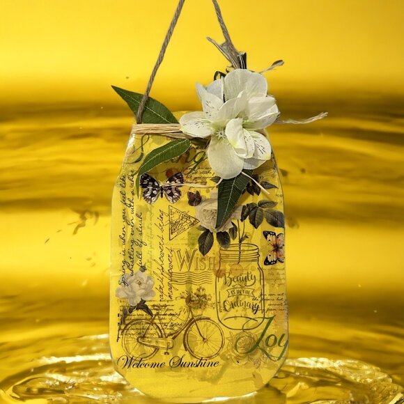 Mason Jar Hanging Wall Decor (White flowers with spring decor) - Picture 1 of 4